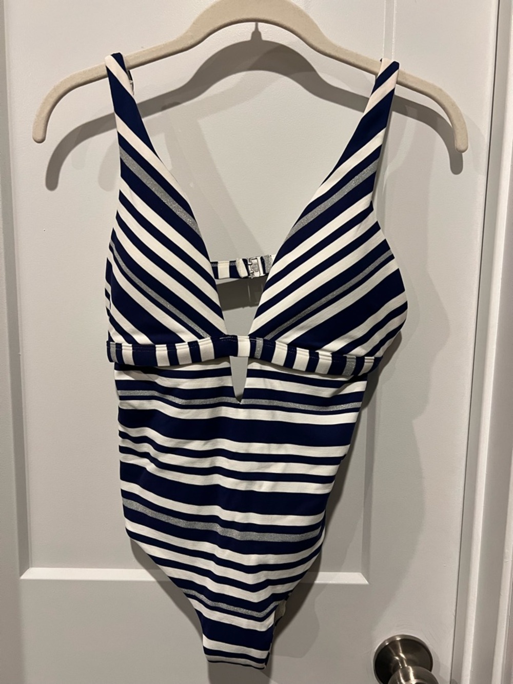 Striped Navy and White V-Plunge One-Piece Swimsuit